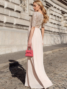 Color=Blush | Elegant Round Neckline 3/4 Sleeve Sequins Patchwork Evening Dress-Blush 3