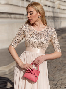 Color=Blush | Elegant Round Neckline 3/4 Sleeve Sequins Patchwork Evening Dress-Blush 5