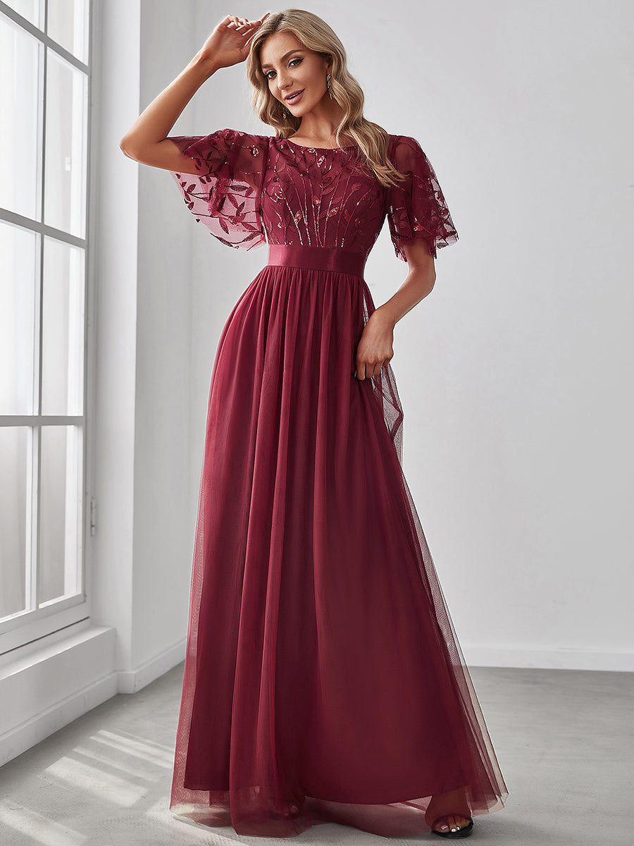 Color=Burgundy | Sequin Print Maxi Long Wholesale Evening Dresses with Cap Sleeve-Burgundy 1