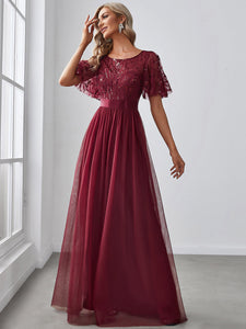 Color=Burgundy | Sequin Print Maxi Long Wholesale Evening Dresses with Cap Sleeve-Burgundy 4