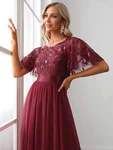 Color=Burgundy | Sequin Print Maxi Long Wholesale Evening Dresses with Cap Sleeve-Burgundy 5