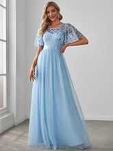 Load image into Gallery viewer, Color=Sky Blue | Sequin Print Maxi Long Wholesale Evening Dresses With Cap Sleeve-Sky Blue 1