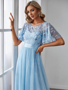 Color=Sky Blue | Sequin Print Maxi Long Wholesale Evening Dresses With Cap Sleeve-Sky Blue 5