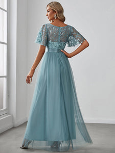 Color=Dusty blue | Sequin Print Maxi Long Wholesale Evening Dresses with Cap Sleeve-Dusty blue 2