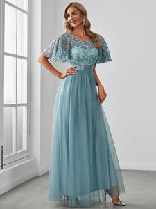 Color=Dusty blue | Sequin Print Maxi Long Wholesale Evening Dresses with Cap Sleeve-Dusty blue 3