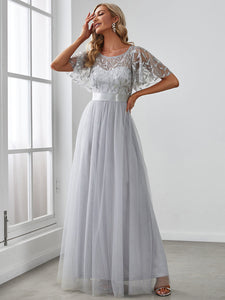 Color=Grey | Sequin Print Maxi Long Wholesale Evening Dresses with Cap Sleeve-Grey 1