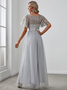 Color=Grey | Sequin Print Maxi Long Wholesale Evening Dresses with Cap Sleeve-Grey 2