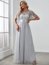 Load image into Gallery viewer, Color=Grey | Sequin Print Maxi Long Wholesale Evening Dresses with Cap Sleeve-Grey 4