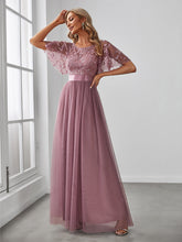 Load image into Gallery viewer, Color=Orchid | Sequin Print Maxi Long Wholesale Evening Dresses with Cap Sleeve-Orchid 3