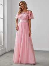 Load image into Gallery viewer, Color=Pink | Sequin Print Maxi Long Wholesale Evening Dresses With Cap Sleeve-Pink 1