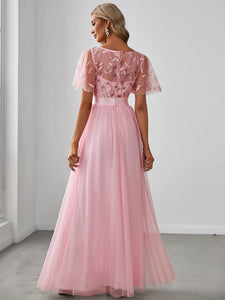Color=Pink | Sequin Print Maxi Long Wholesale Evening Dresses With Cap Sleeve-Pink 2