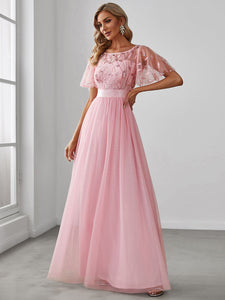 Color=Pink | Sequin Print Maxi Long Wholesale Evening Dresses With Cap Sleeve-Pink 3