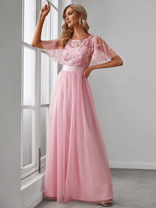 Color=Pink | Sequin Print Maxi Long Wholesale Evening Dresses With Cap Sleeve-Pink 4