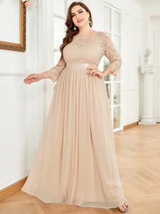 Color=Blush | Plus Size Lace Wholesale Bridesmaid Dresses With Long Lace Sleeve-Blush 1