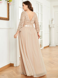 Color=Blush | Plus Size Lace Wholesale Bridesmaid Dresses With Long Lace Sleeve-Blush 2