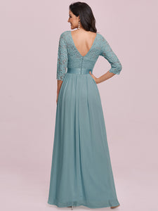 Color=Dusty Blue | Elegant Empire Waist Wholesale Bridesmaid Dresses With Long Lace Sleeve-Dusty Blue 2