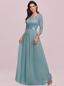 Color=Dusty Blue | Elegant Empire Waist Wholesale Bridesmaid Dresses With Long Lace Sleeve-Dusty Blue 3