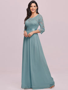Color=Dusty Blue | Elegant Empire Waist Wholesale Bridesmaid Dresses With Long Lace Sleeve-Dusty Blue 4