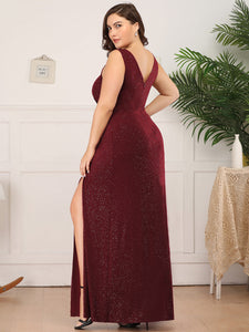 Color=Burgundy | Plus Size Women Fashion A Line V Neck Long Gillter Evening Dress With Side Split Ep07505-Burgundy 12