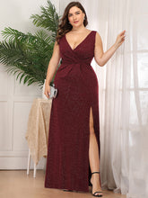 Load image into Gallery viewer, Color=Burgundy | Plus Size Women Fashion A Line V Neck Long Gillter Evening Dress With Side Split Ep07505-Burgundy 4