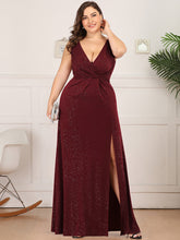 Load image into Gallery viewer, Color=Burgundy | Plus Size Women Fashion A Line V Neck Long Gillter Evening Dress With Side Split Ep07505-Burgundy 1