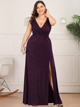 Load image into Gallery viewer, Color=Dark Purple | Plus Size Women Fashion A Line V Neck Long Gillter Evening Dress With Side Split Ep07505-Dark Purple 1