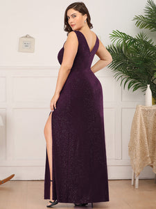 Color=Dark Purple | Plus Size Women Fashion A Line V Neck Long Gillter Evening Dress With Side Split Ep07505-Dark Purple 2