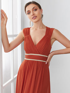 Color=Burnt orange | Sleeveless Floor Length V Neck Wholesale Bridesmaid dresses-Burnt orange 5
