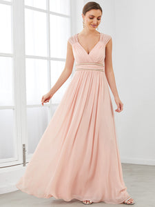 Color=Pink | Sleeveless Floor Length V Neck Wholesale Bridesmaid dresses-Pink 3
