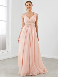 Color=Pink | Sleeveless Floor Length V Neck Wholesale Bridesmaid dresses-Pink 4