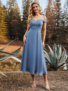 Off the Shoulder Wholesale Lace Bodice Ankle Length Evening Dress ES03126
