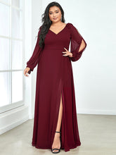 Load image into Gallery viewer, Color=Burgundy | Long Lantern Sleeves A Line V Neck Wholesale Bridesmaid Dresses-Burgundy 1