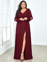 Load image into Gallery viewer, Color=Burgundy | Long Lantern Sleeves A Line V Neck Wholesale Bridesmaid Dresses-Burgundy 4