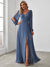 Load image into Gallery viewer, Color=Dusty Navy | Long Lantern Sleeves A Line V Neck Wholesale Bridesmaid Dresses-Dusty Navy 1