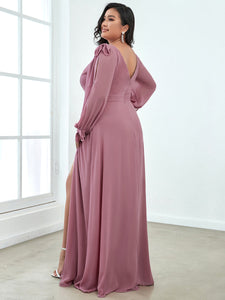 Color=Orchid | Long Lantern Sleeves A Line V Neck Wholesale Bridesmaid Dresses-Orchid 2