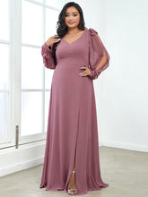 Load image into Gallery viewer, Color=Orchid | Long Lantern Sleeves A Line V Neck Wholesale Bridesmaid Dresses-Orchid 4