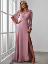Load image into Gallery viewer, Color=Orchid | Long Lantern Sleeves A Line V Neck Wholesale Bridesmaid Dresses-Orchid 1