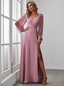 Color=Orchid | Long Lantern Sleeves A Line V Neck Wholesale Bridesmaid Dresses-Orchid 1