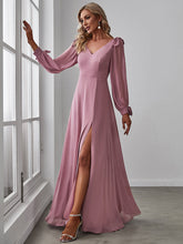 Load image into Gallery viewer, Color=Orchid | Long Lantern Sleeves A Line V Neck Wholesale Bridesmaid Dresses-Orchid 3