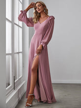 Load image into Gallery viewer, Color=Orchid | Long Lantern Sleeves A Line V Neck Wholesale Bridesmaid Dresses-Orchid 4