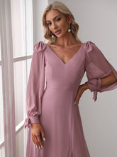 Load image into Gallery viewer, Color=Orchid | Long Lantern Sleeves A Line V Neck Wholesale Bridesmaid Dresses-Orchid 5