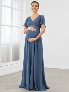 Color=Dusty Navy | Cute and Adorable Deep V-neck Dress for Pregnant Women-Dusty Navy 1
